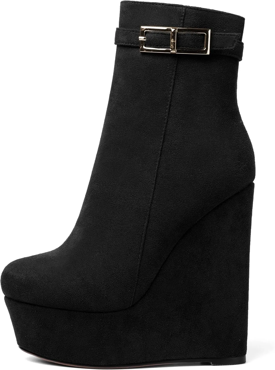 AMBELIGHT Womens Suede Zip Dress Platform Round Toe Solid Wedge High Heel Ankle High Boots 6 Inch