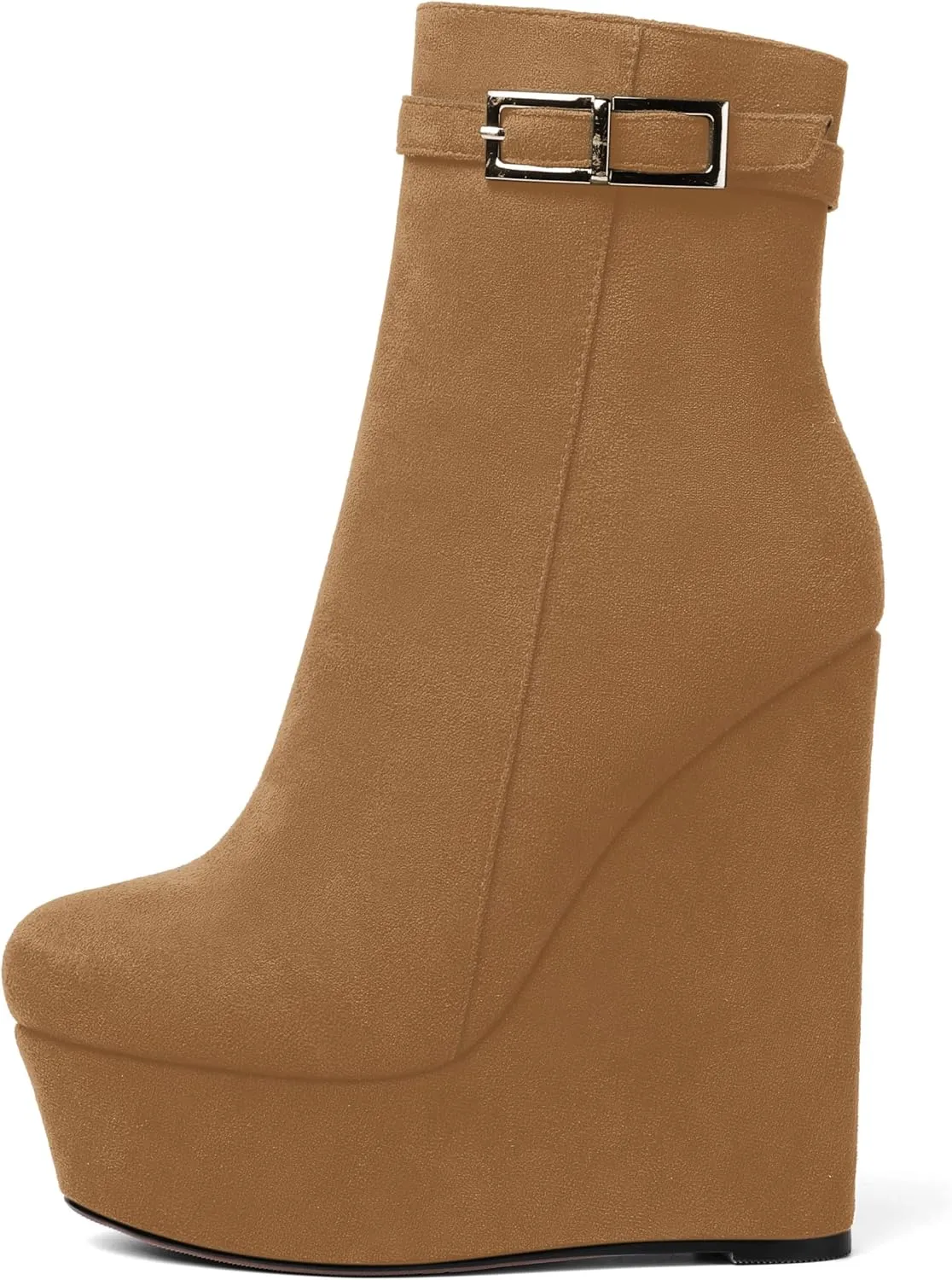 AMBELIGHT Womens Suede Zip Dress Platform Round Toe Solid Wedge High Heel Ankle High Boots 6 Inch