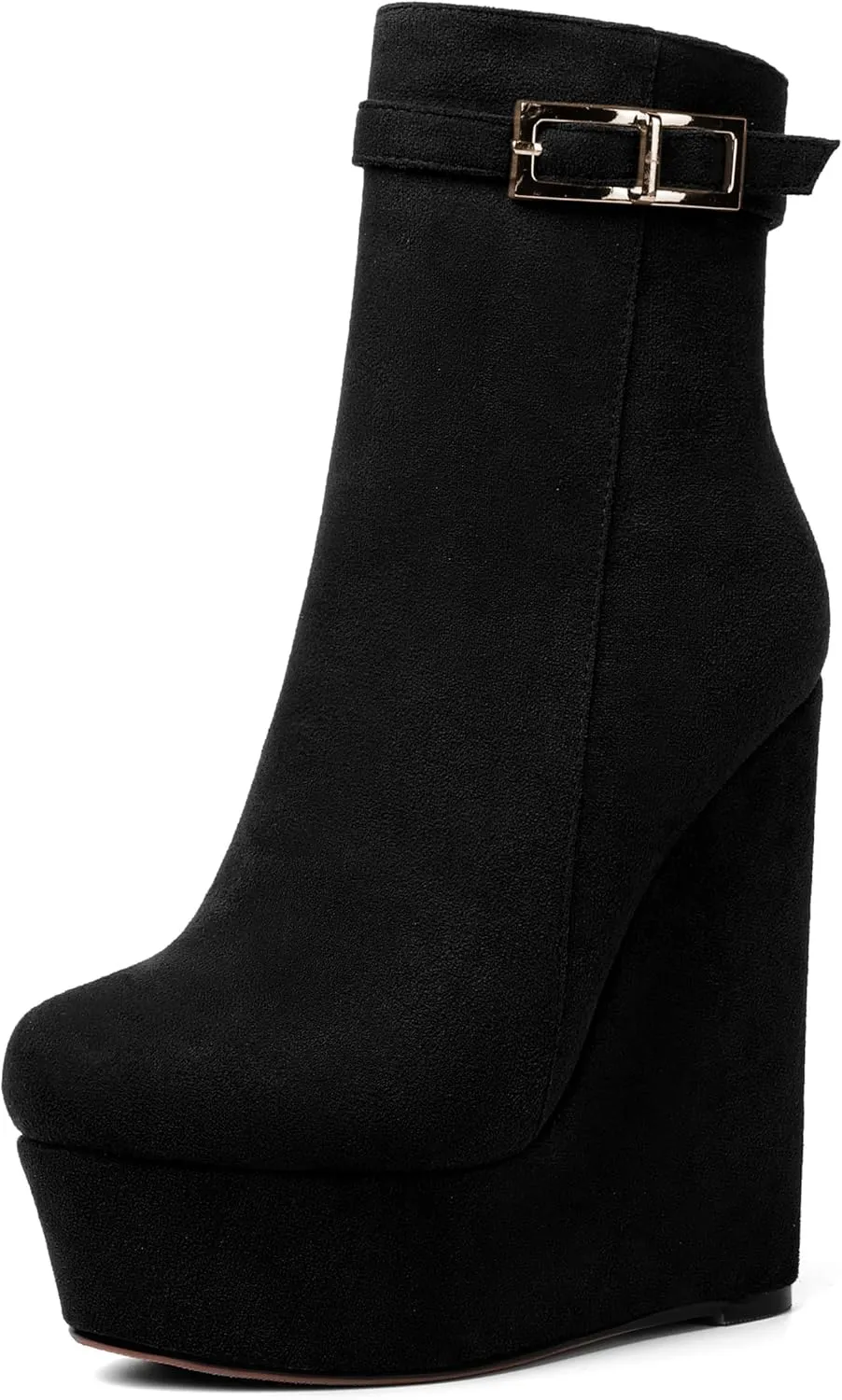AMBELIGHT Womens Suede Zip Dress Platform Round Toe Solid Wedge High Heel Ankle High Boots 6 Inch