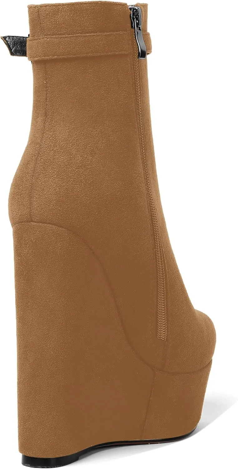 AMBELIGHT Womens Suede Zip Dress Platform Round Toe Solid Wedge High Heel Ankle High Boots 6 Inch