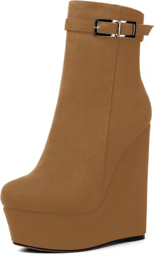 AMBELIGHT Womens Suede Zip Dress Platform Round Toe Solid Wedge High Heel Ankle High Boots 6 Inch