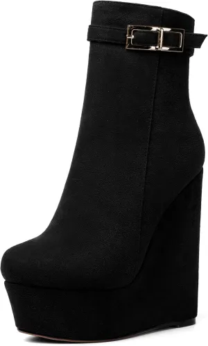 AMBELIGHT Womens Suede Zip Dress Platform Round Toe Solid Wedge High Heel Ankle High Boots 6 Inch