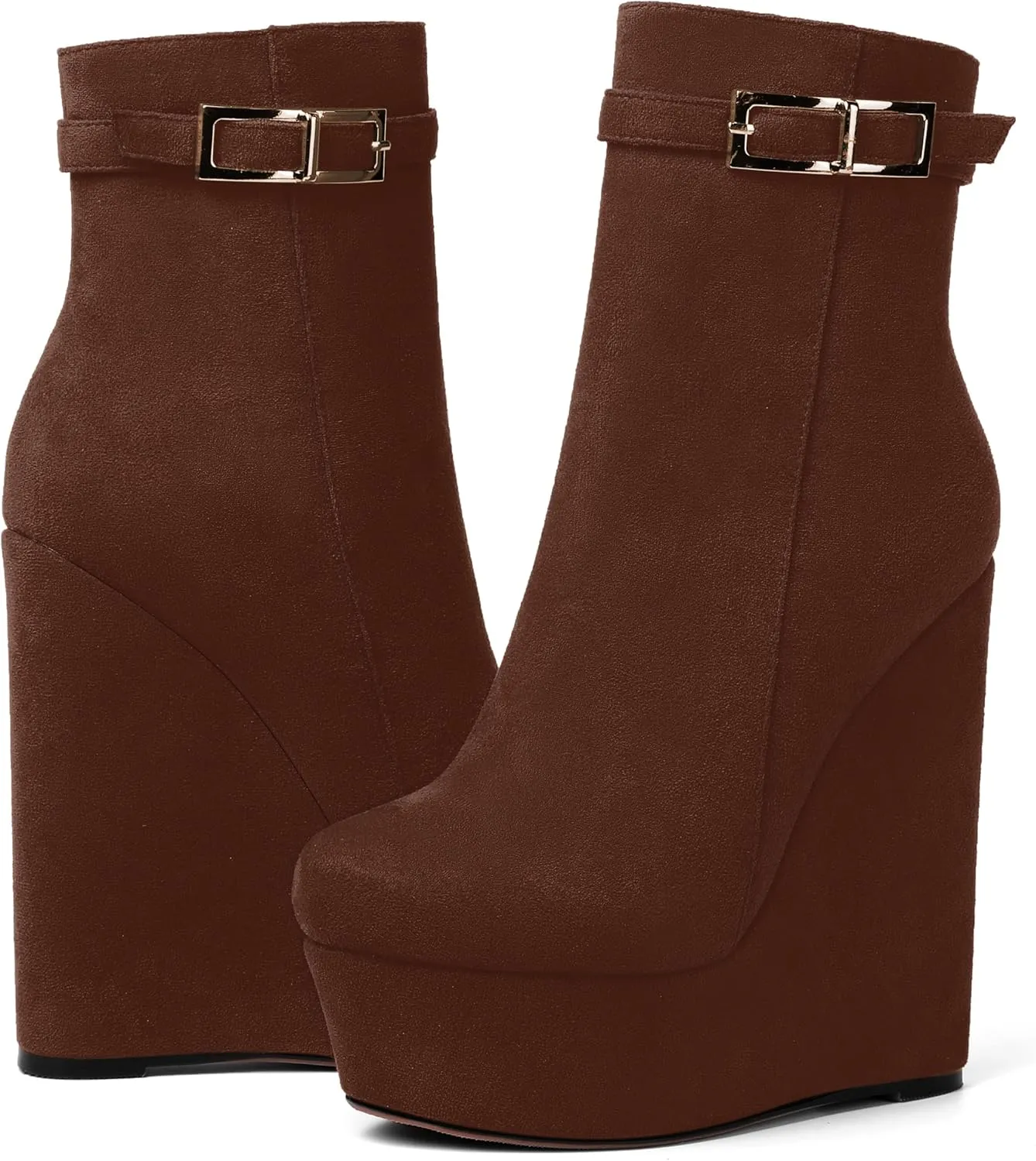 AMBELIGHT Womens Suede Zip Dress Platform Round Toe Solid Wedge High Heel Ankle High Boots 6 Inch