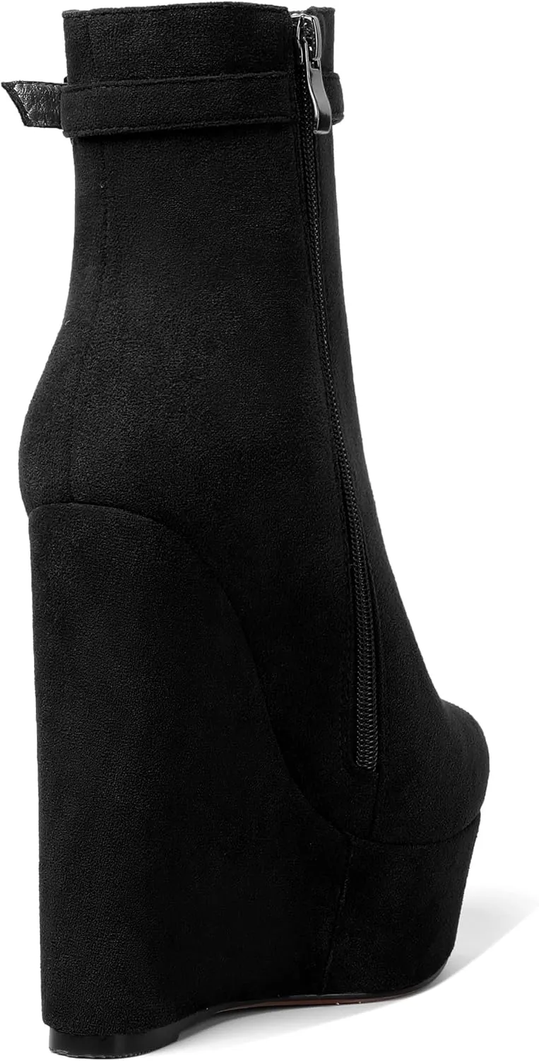 AMBELIGHT Womens Suede Zip Dress Platform Round Toe Solid Wedge High Heel Ankle High Boots 6 Inch