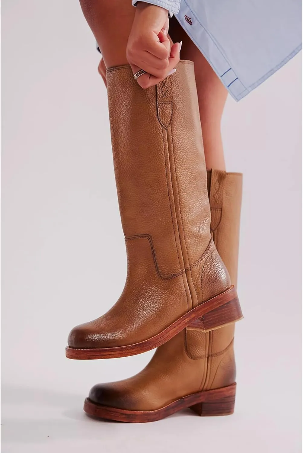 Arqa Pull on Vintage Campus-inspired Cowboy Boots for Women Squared Toe Western Knee High Boots Fashionable Stacked Low Heels Booties