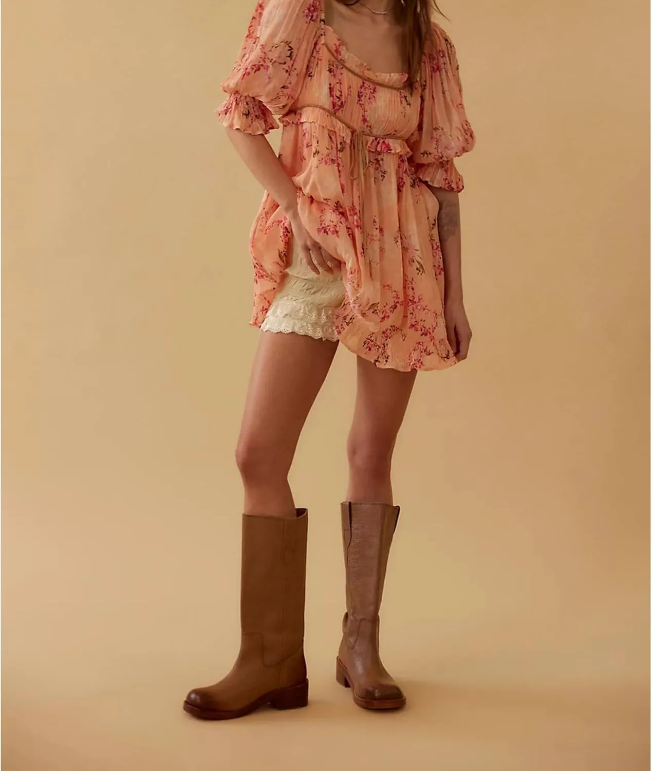 Arqa Pull on Vintage Campus-inspired Cowboy Boots for Women Squared Toe Western Knee High Boots Fashionable Stacked Low Heels Booties