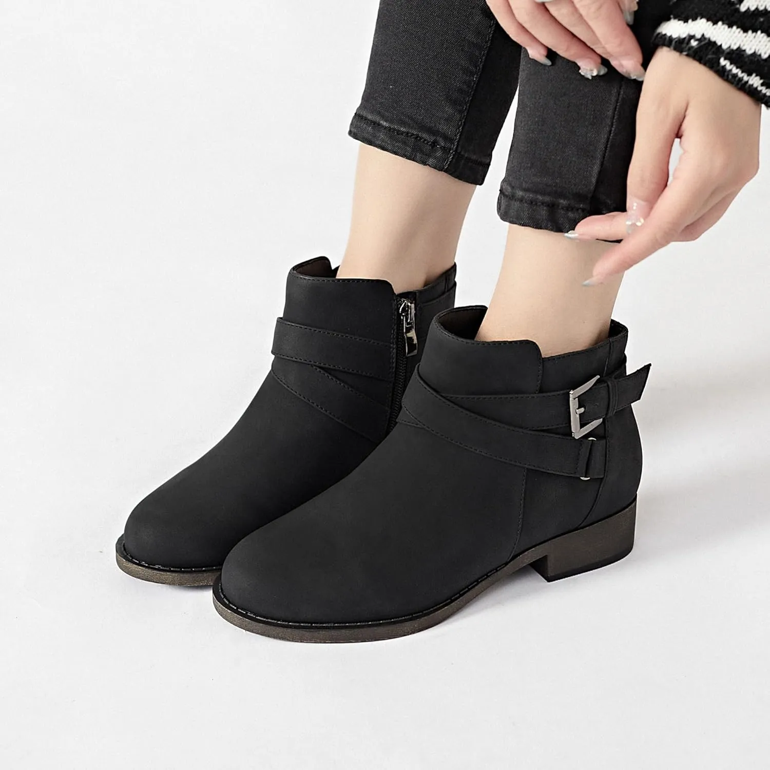 Ataiwee Women's Ankle Boots - Classic Side Zip, Cover with Buckle Strap, Round Toe, Comfortable Platform, Low Chunky Heel Comfort Slip On Fashion (Black/Dark Brown/Grey) Boots.