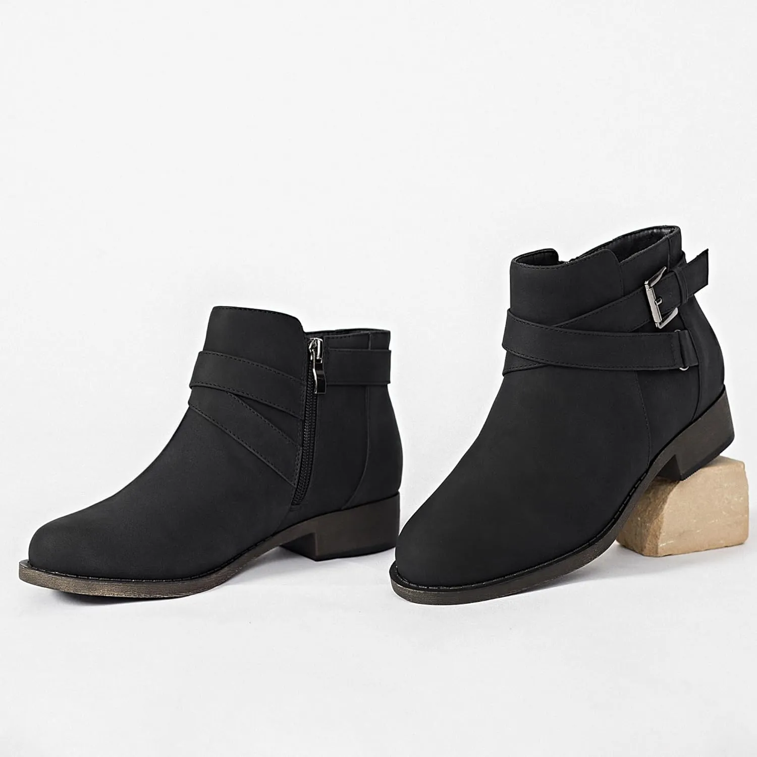 Ataiwee Women's Ankle Boots - Classic Side Zip, Cover with Buckle Strap, Round Toe, Comfortable Platform, Low Chunky Heel Comfort Slip On Fashion (Black/Dark Brown/Grey) Boots.