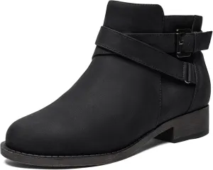 Ataiwee Women's Ankle Boots - Classic Side Zip, Cover with Buckle Strap, Round Toe, Comfortable Platform, Low Chunky Heel Comfort Slip On Fashion (Black/Dark Brown/Grey) Boots.