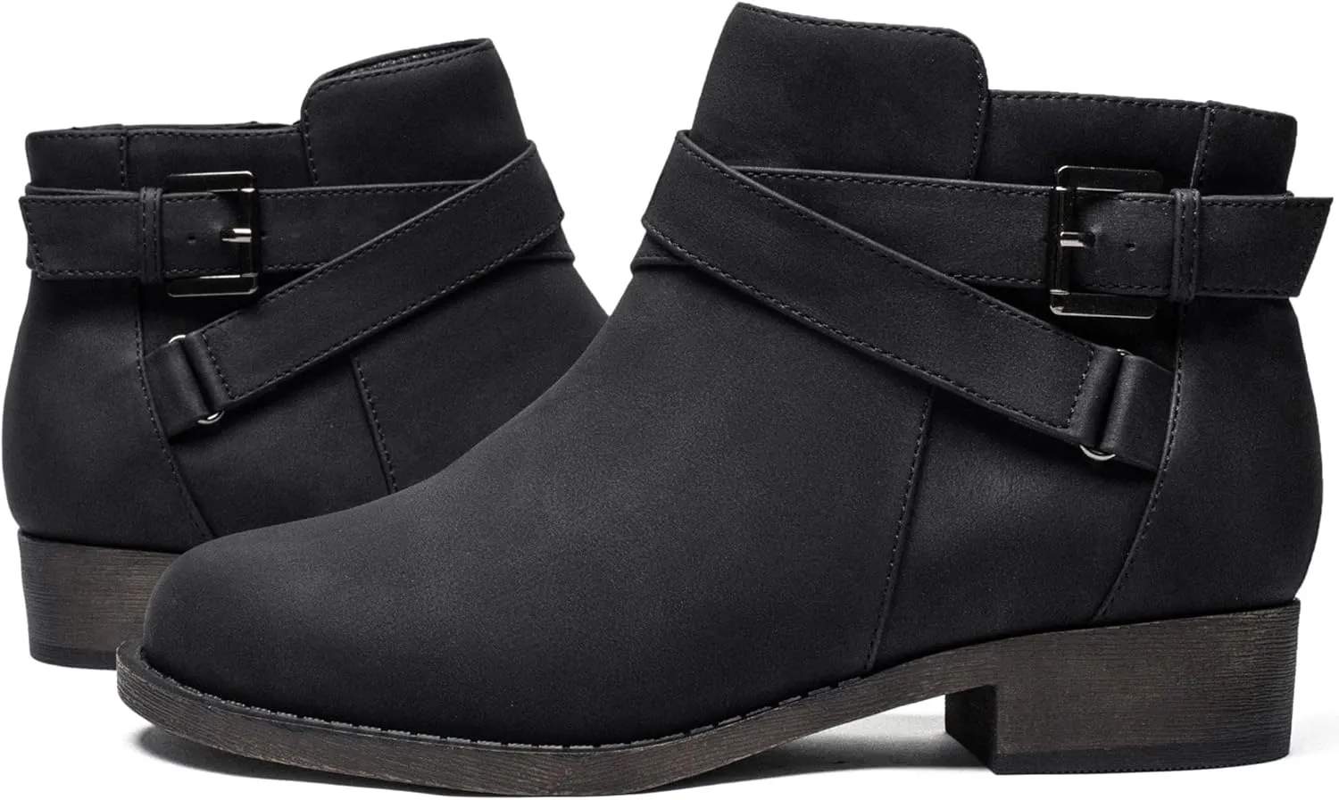 Ataiwee Women's Ankle Boots - Classic Side Zip, Cover with Buckle Strap, Round Toe, Comfortable Platform, Low Chunky Heel Comfort Slip On Fashion (Black/Dark Brown/Grey) Boots.