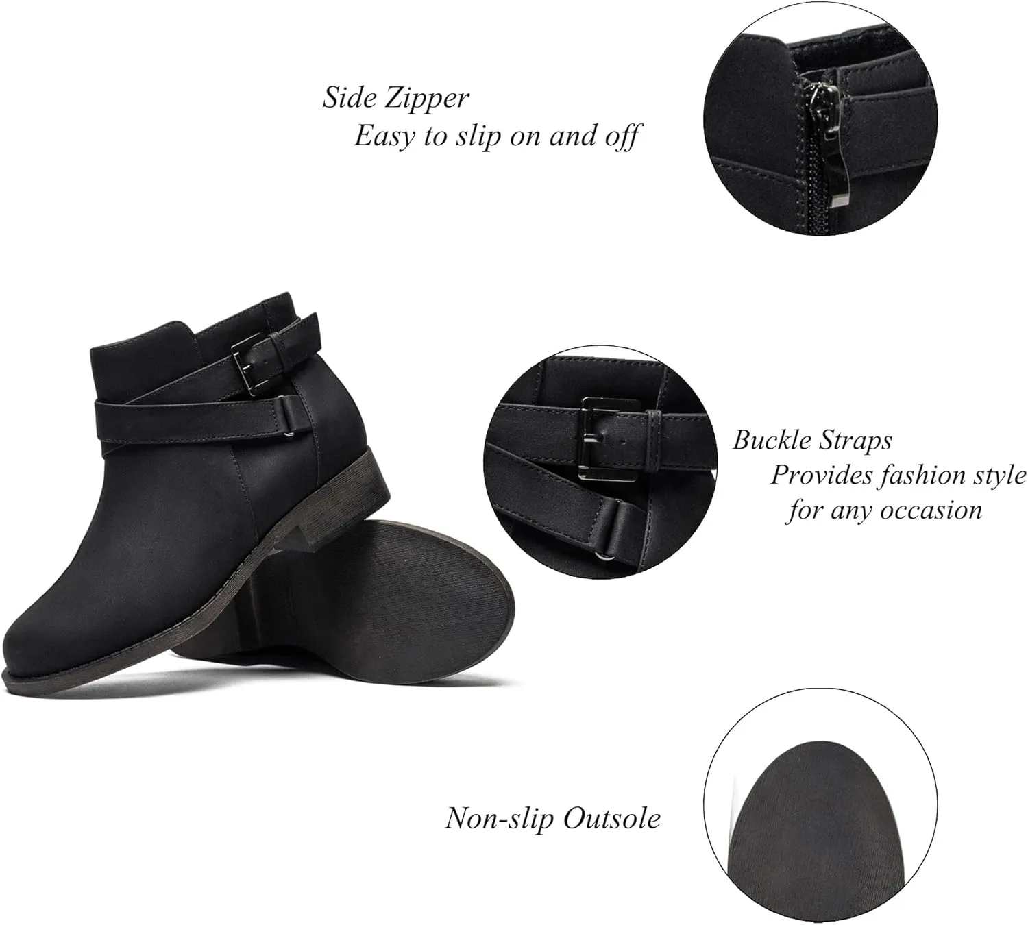 Ataiwee Women's Ankle Boots - Classic Side Zip, Cover with Buckle Strap, Round Toe, Comfortable Platform, Low Chunky Heel Comfort Slip On Fashion (Black/Dark Brown/Grey) Boots.