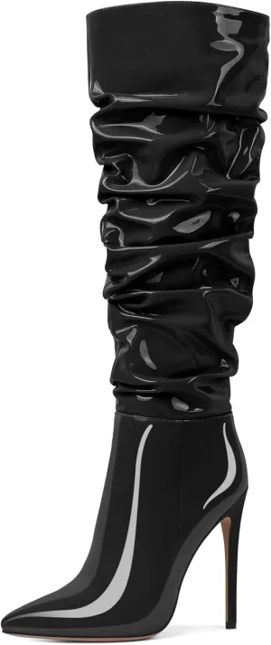 AUMOTED Knee High Boots for Women Stiletto Heel Womens Boots Side Zipper Slouchy High Boots for Women 4.7 Inch Heeled Boots