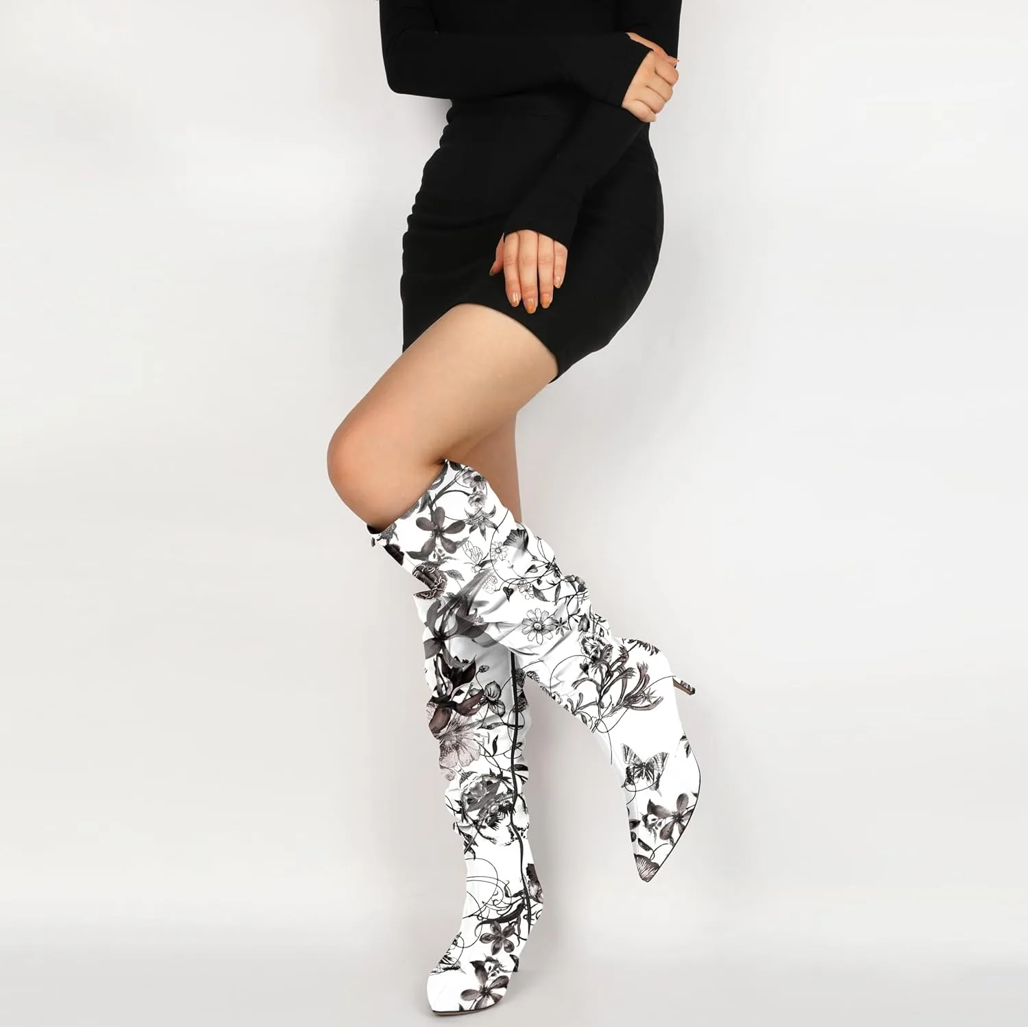 AUMOTED Womens Slouchy Knee High Boots Mid Calf Boots Kitten Heel Pointed Toe Pull On Long Boots Winter Shoes 2.5 Inch Heeled Boots