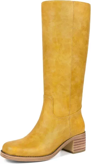 Banana Knee High Boots for Women Square Toe Platform Boots Chunky Block Heel Long Boots Tall Wide Calf Boots Pull on Campus Boots for Women
