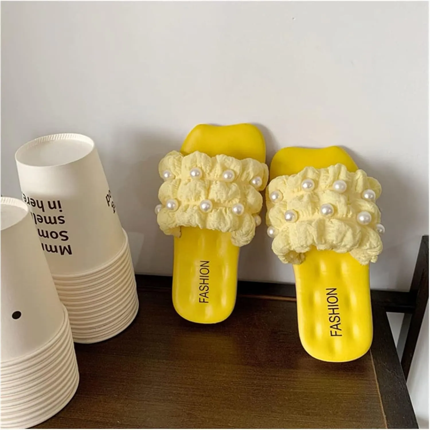 Beach Sandals Slippers Small Princess Fairy Wind Soft Bottom Non-Slip Outer Wear Casual Pearl Adult Sandals Pillow Slippers(Yellow,36-37)
