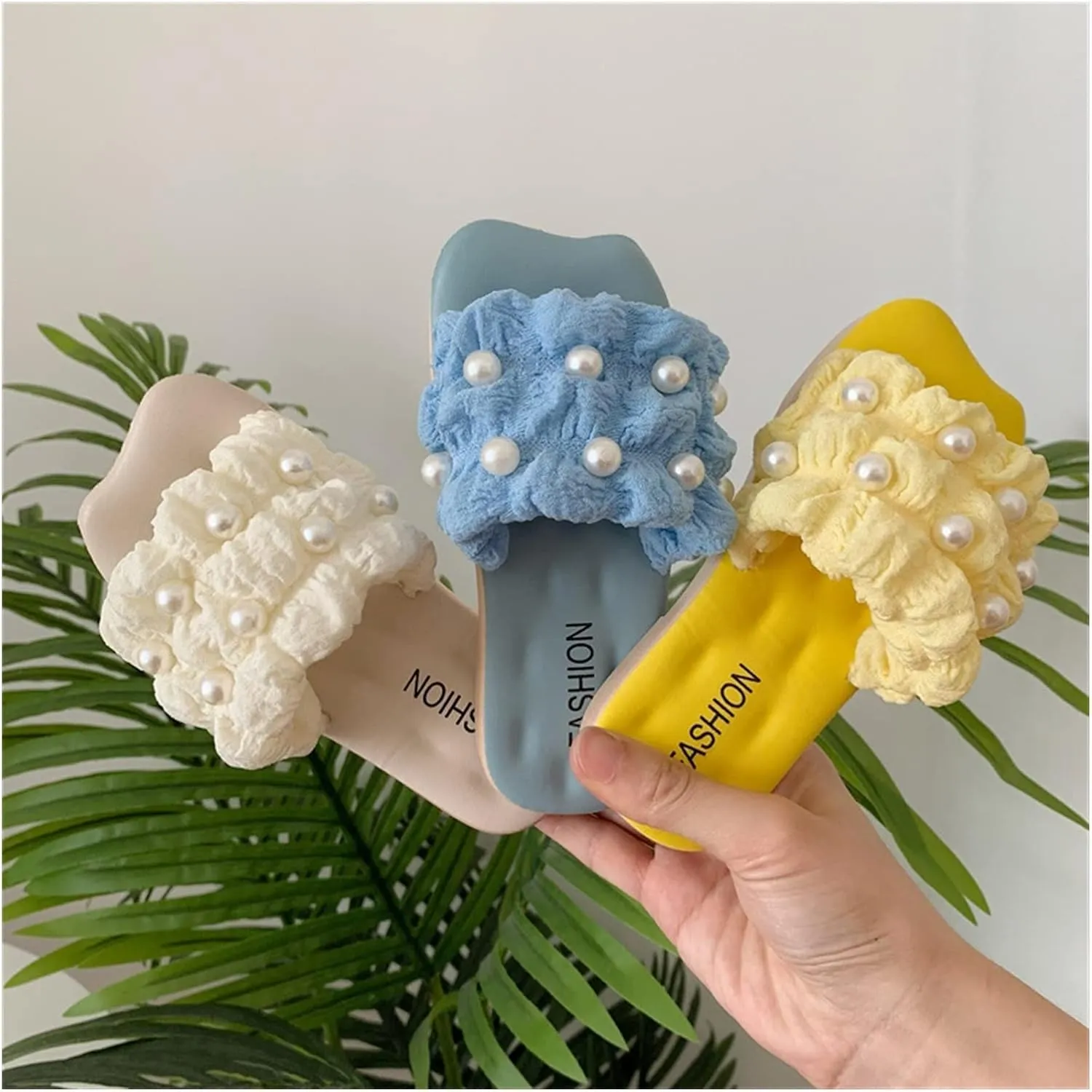 Beach Sandals Slippers Small Princess Fairy Wind Soft Bottom Non-Slip Outer Wear Casual Pearl Adult Sandals Pillow Slippers(Yellow,36-37)