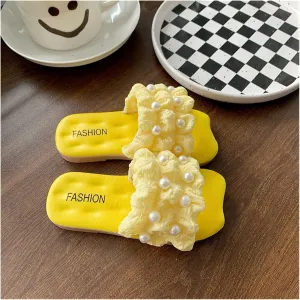 Beach Sandals Slippers Small Princess Fairy Wind Soft Bottom Non-Slip Outer Wear Casual Pearl Adult Sandals Pillow Slippers(Yellow,36-37)