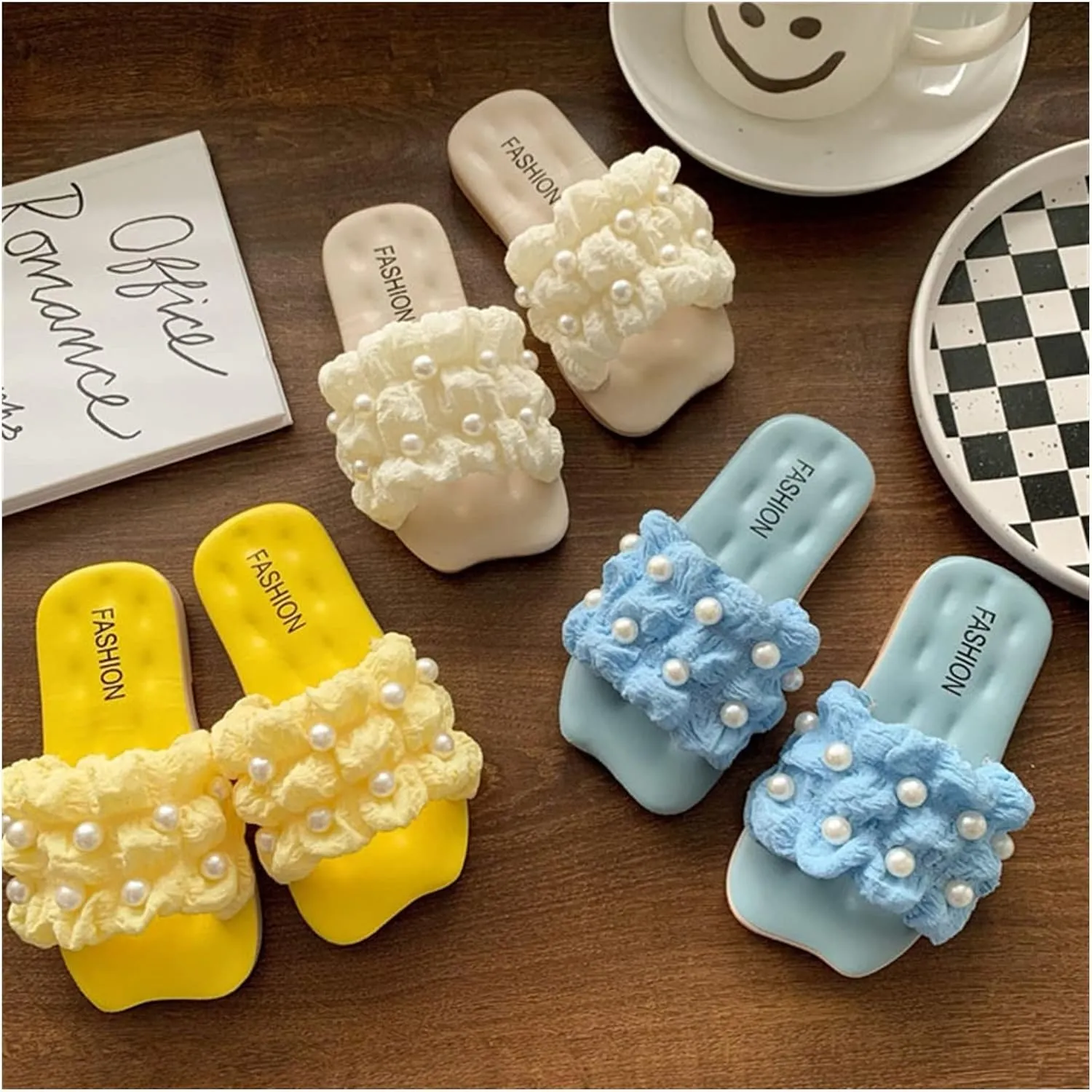 Beach Sandals Slippers Small Princess Fairy Wind Soft Bottom Non-Slip Outer Wear Casual Pearl Adult Sandals Pillow Slippers(Yellow,36-37)
