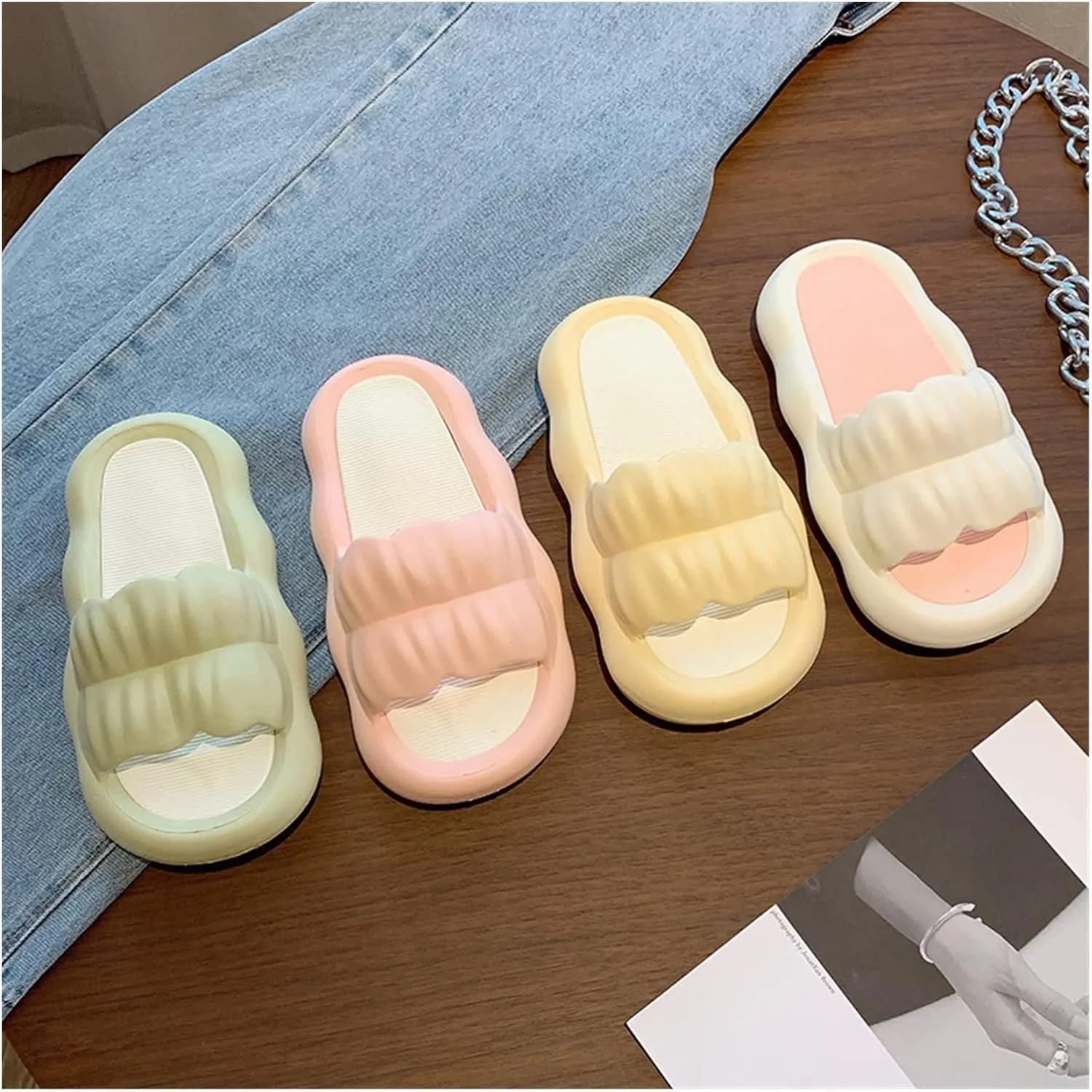 Beach Sandals Summer Petal Slippers Female Soft Bottom A Word Candy Color Sandals Indoor and Outdoor Simple Fashion Cute Slippers Pillow Slippers(Yellow,38-39)