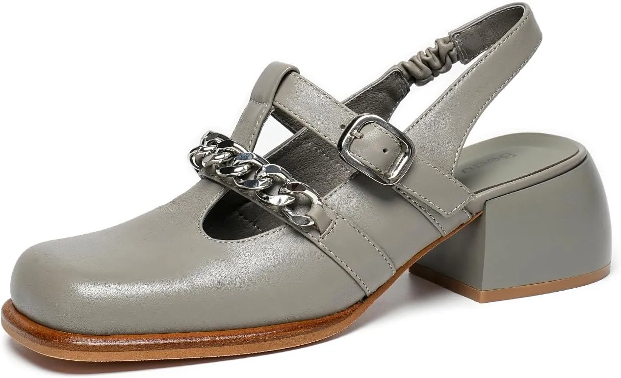 BEAU TODAY Heeled Sandals for Women, Leather Slingback Sandals, Chunky Block Square Toe Heels, Fashion Slip-on Casual Sandals, Dressy Closed Toe Shoes for Party