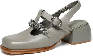 BEAU TODAY Heeled Sandals for Women, Leather Slingback Sandals, Chunky Block Square Toe Heels, Fashion Slip-on Casual Sandals, Dressy Closed Toe Shoes for Party