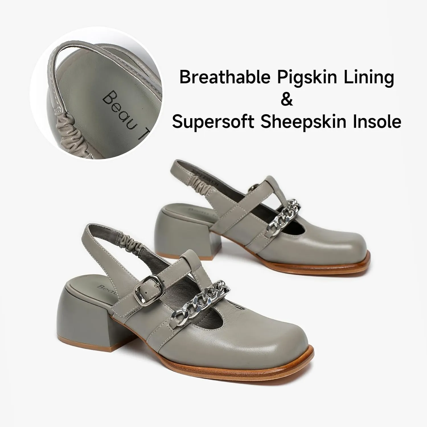 BEAU TODAY Heeled Sandals for Women, Leather Slingback Sandals, Chunky Block Square Toe Heels, Fashion Slip-on Casual Sandals, Dressy Closed Toe Shoes for Party