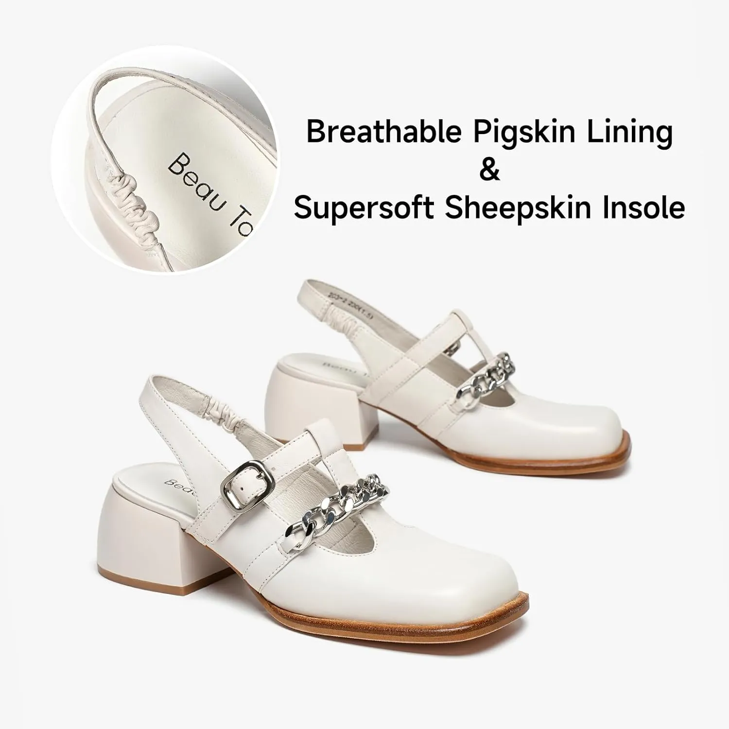BEAU TODAY Heeled Sandals for Women, Leather Slingback Sandals, Chunky Block Square Toe Heels, Fashion Slip-on Casual Sandals, Dressy Closed Toe Shoes for Party