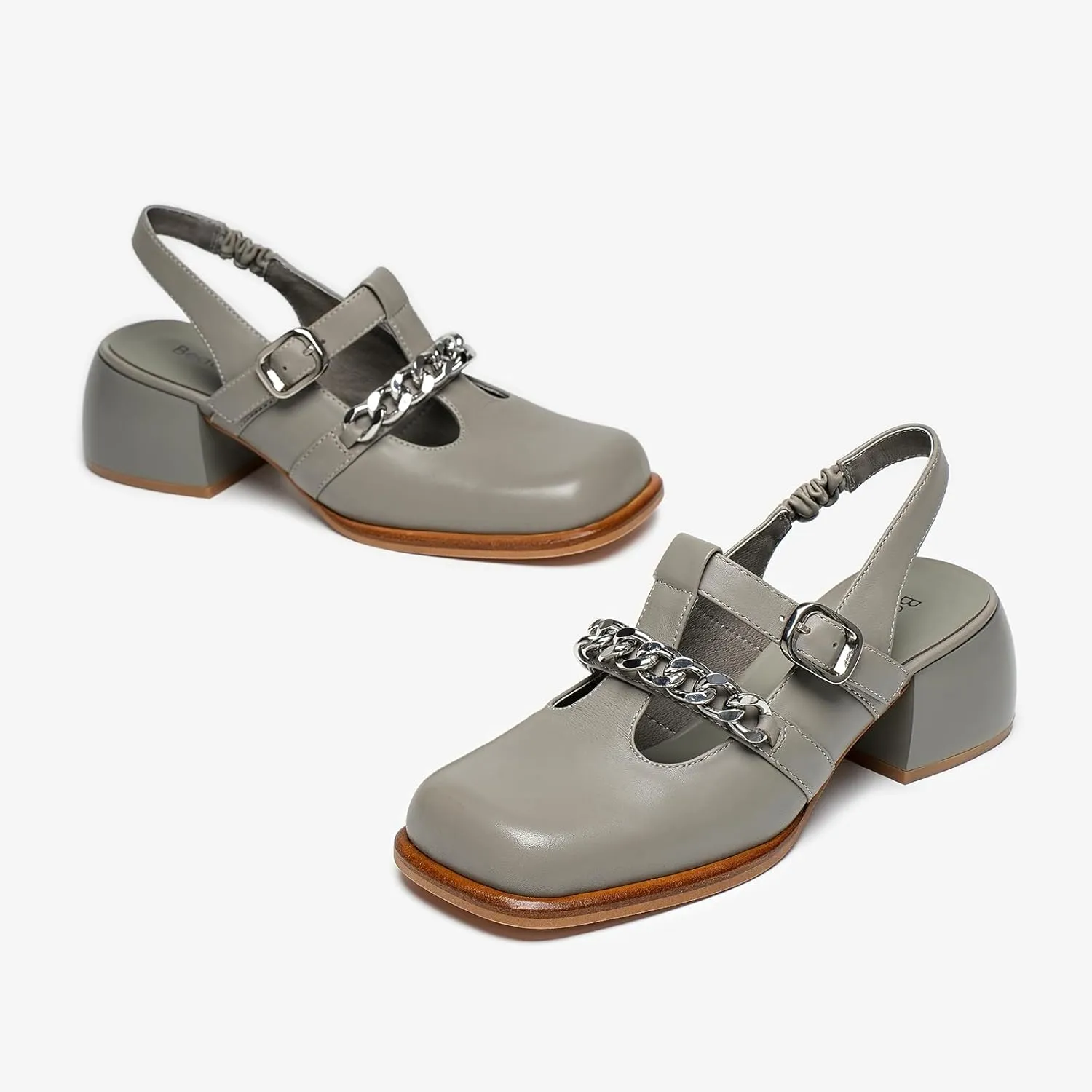 BEAU TODAY Heeled Sandals for Women, Leather Slingback Sandals, Chunky Block Square Toe Heels, Fashion Slip-on Casual Sandals, Dressy Closed Toe Shoes for Party