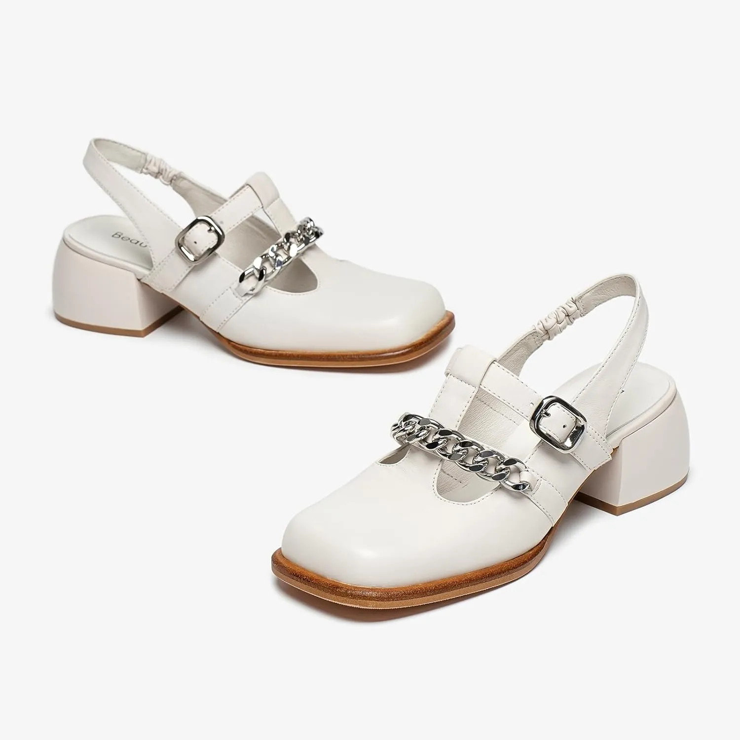 BEAU TODAY Heeled Sandals for Women, Leather Slingback Sandals, Chunky Block Square Toe Heels, Fashion Slip-on Casual Sandals, Dressy Closed Toe Shoes for Party