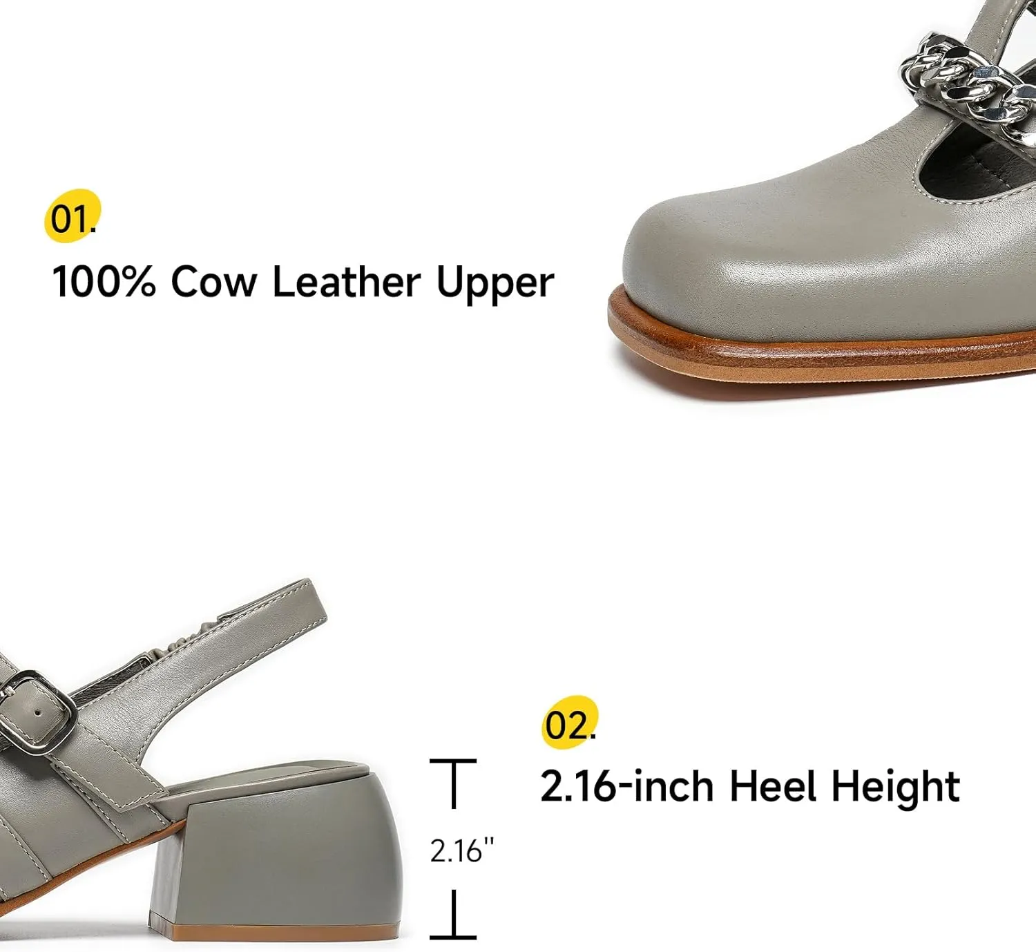 BEAU TODAY Heeled Sandals for Women, Leather Slingback Sandals, Chunky Block Square Toe Heels, Fashion Slip-on Casual Sandals, Dressy Closed Toe Shoes for Party