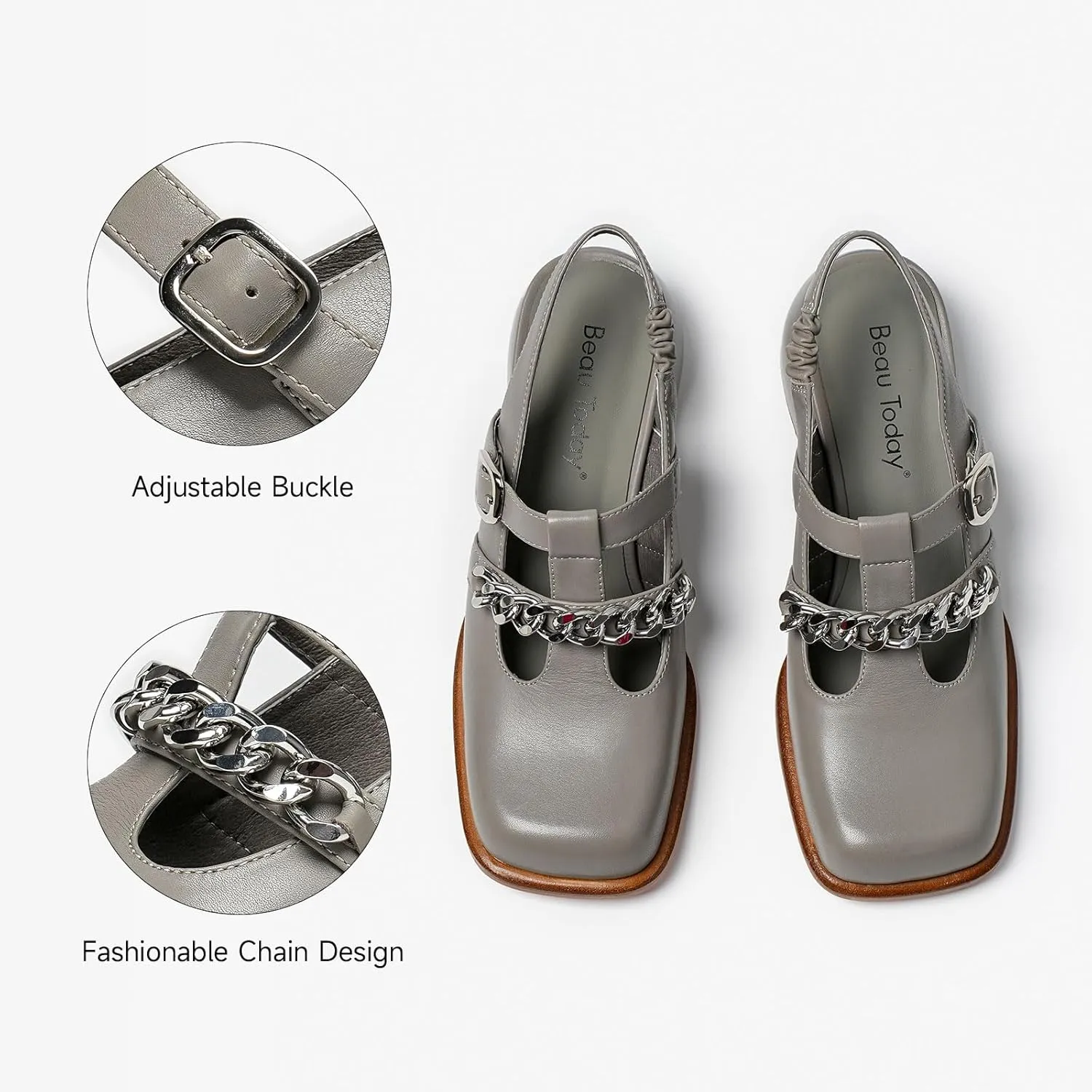 BEAU TODAY Heeled Sandals for Women, Leather Slingback Sandals, Chunky Block Square Toe Heels, Fashion Slip-on Casual Sandals, Dressy Closed Toe Shoes for Party