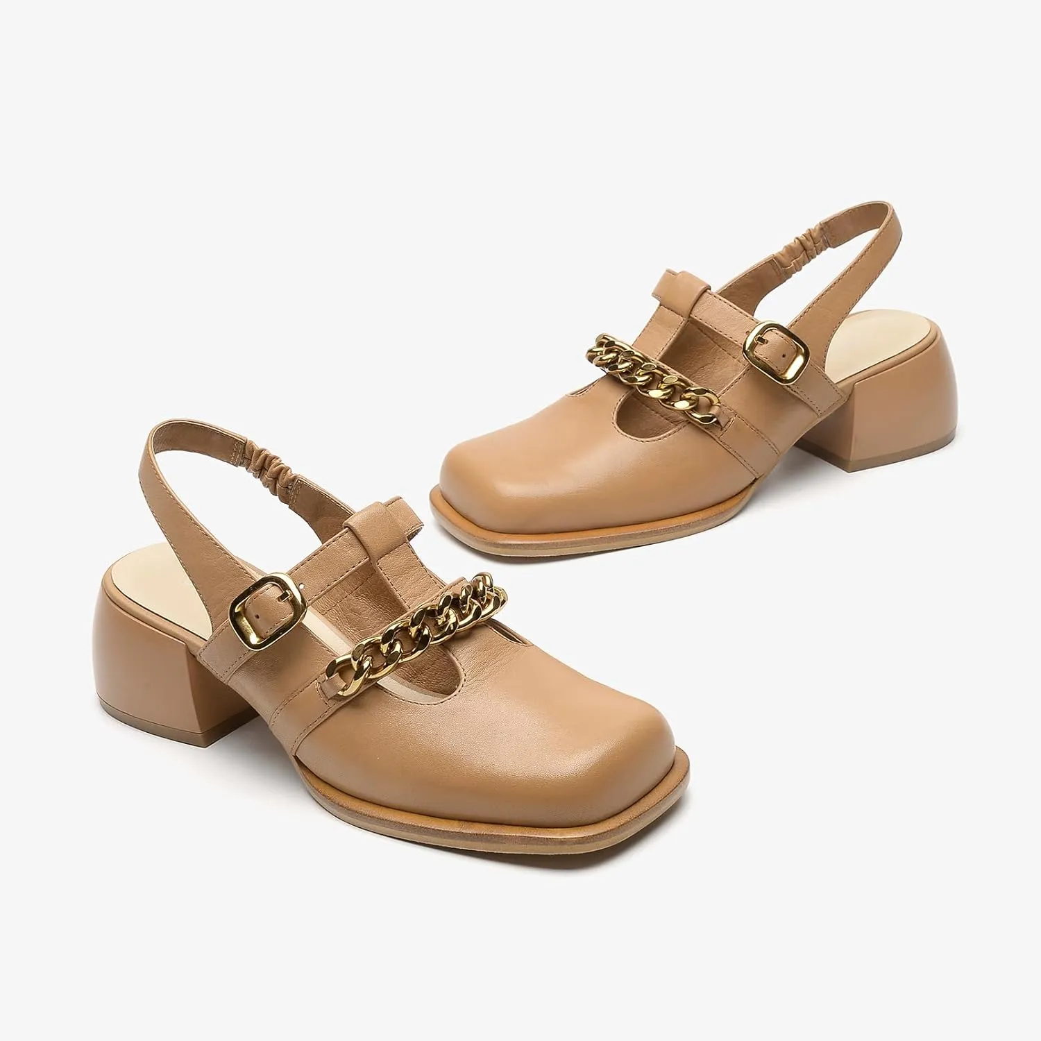 BEAU TODAY Heeled Sandals for Women, Leather Slingback Sandals, Chunky Block Square Toe Heels, Fashion Slip-on Casual Sandals, Dressy Closed Toe Shoes for Party