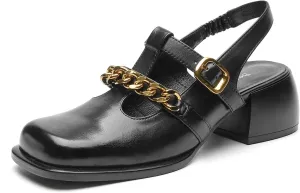 BEAU TODAY Heeled Sandals for Women, Leather Slingback Sandals, Chunky Block Square Toe Heels, Fashion Slip-on Casual Sandals, Dressy Closed Toe Shoes for Party