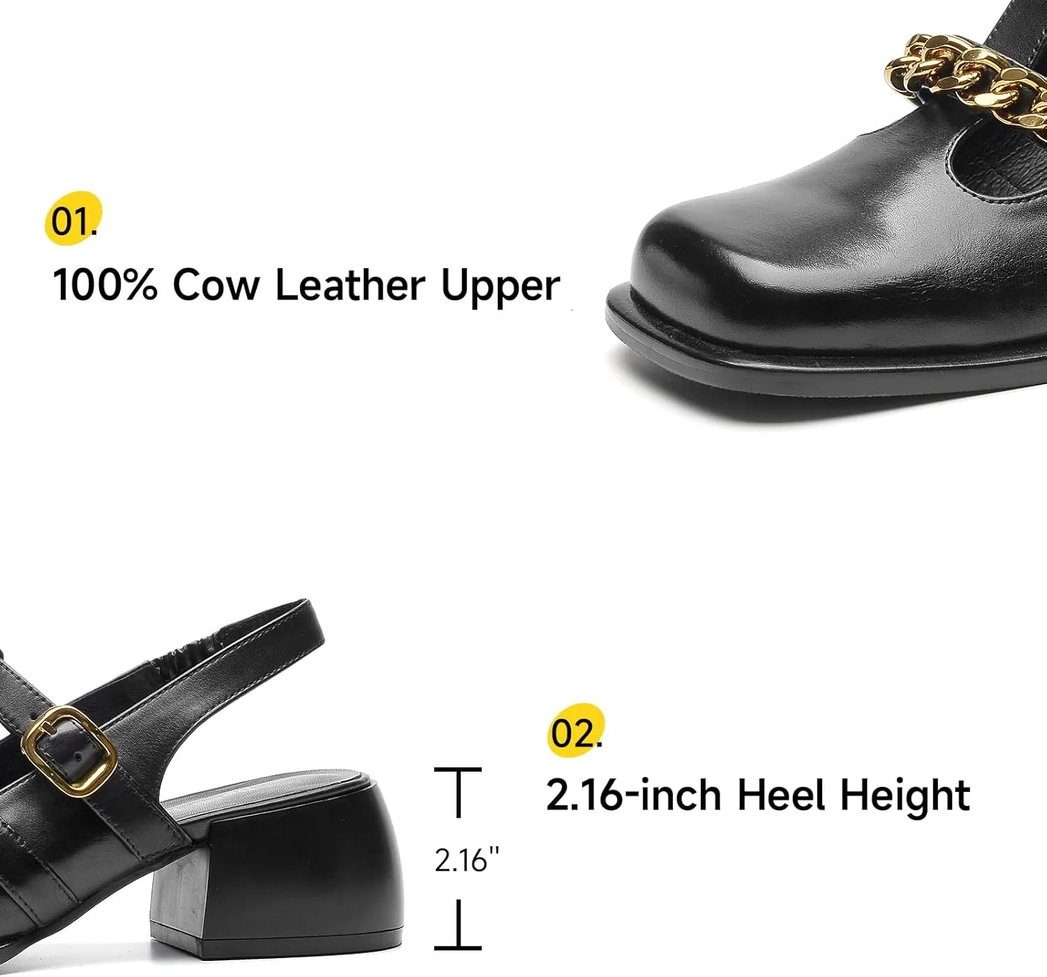 BEAU TODAY Heeled Sandals for Women, Leather Slingback Sandals, Chunky Block Square Toe Heels, Fashion Slip-on Casual Sandals, Dressy Closed Toe Shoes for Party