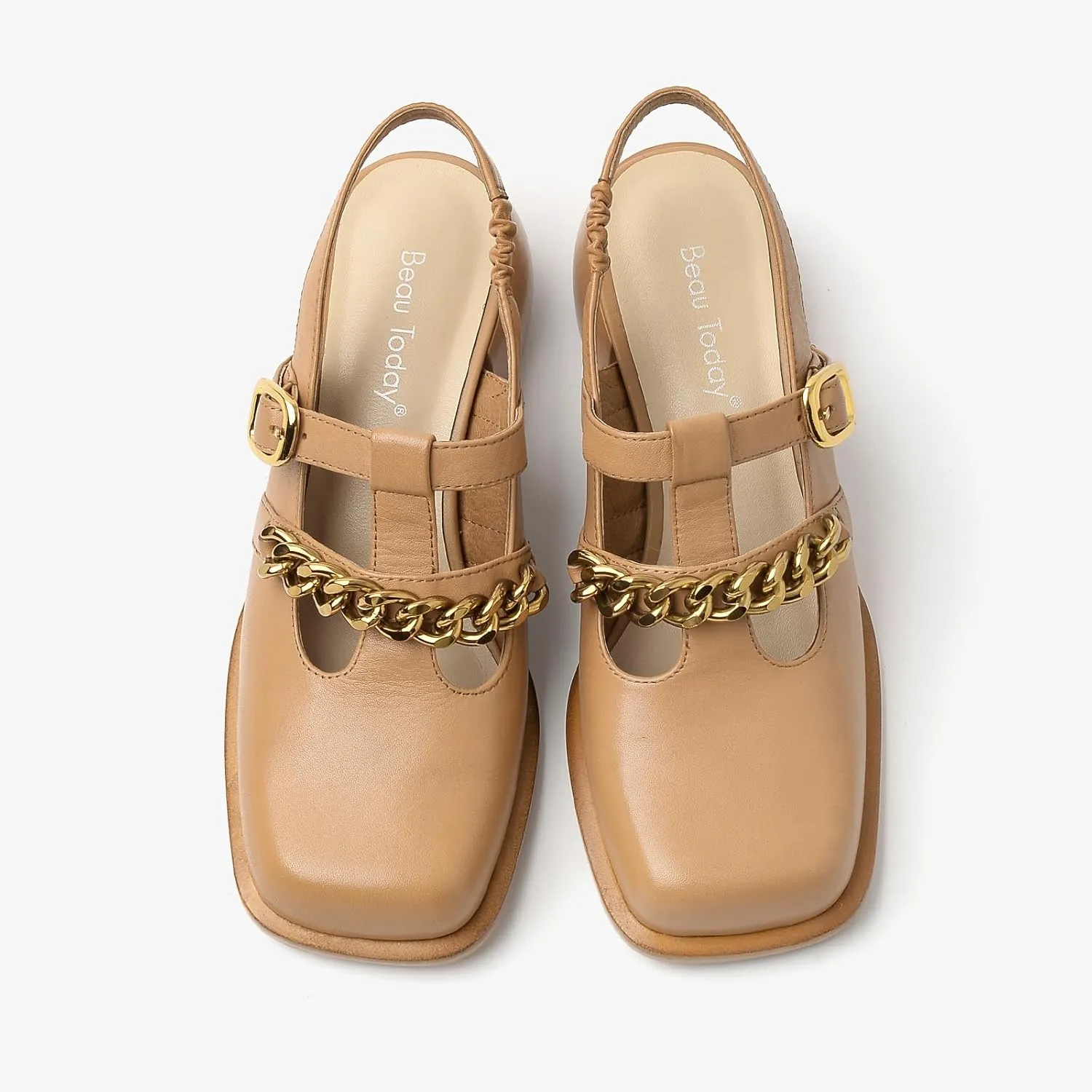 BEAU TODAY Heeled Sandals for Women, Leather Slingback Sandals, Chunky Block Square Toe Heels, Fashion Slip-on Casual Sandals, Dressy Closed Toe Shoes for Party
