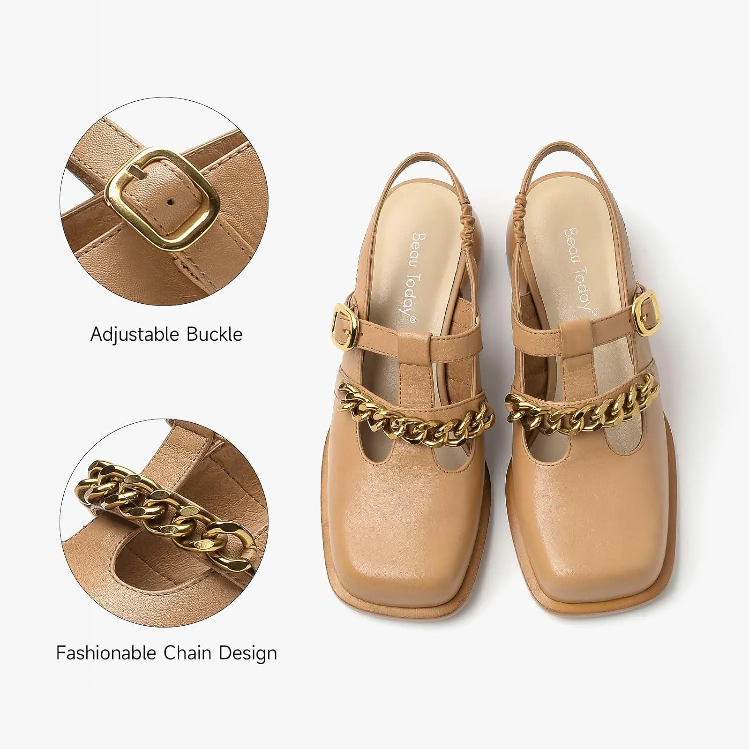 BEAU TODAY Heeled Sandals for Women, Leather Slingback Sandals, Chunky Block Square Toe Heels, Fashion Slip-on Casual Sandals, Dressy Closed Toe Shoes for Party