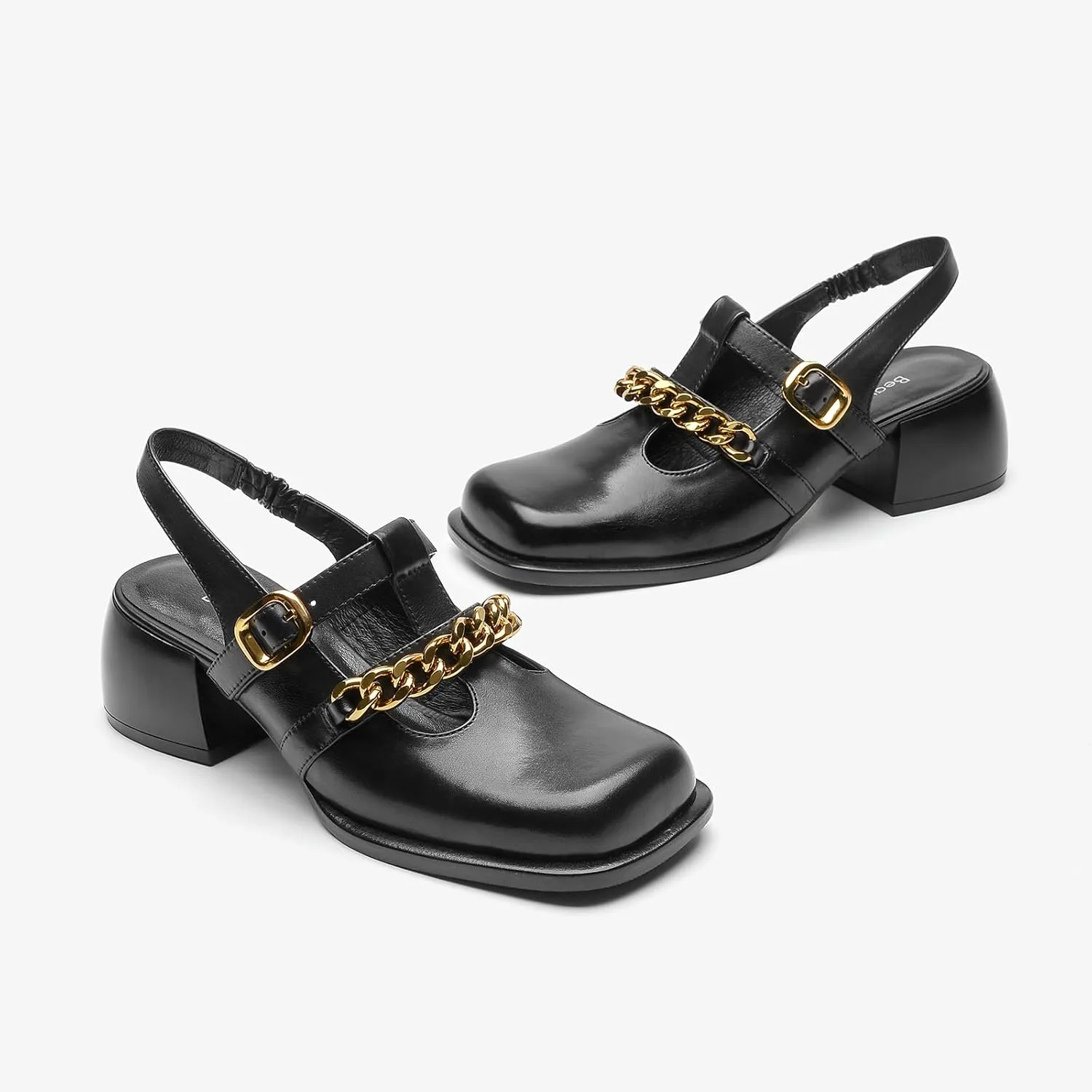 BEAU TODAY Heeled Sandals for Women, Leather Slingback Sandals, Chunky Block Square Toe Heels, Fashion Slip-on Casual Sandals, Dressy Closed Toe Shoes for Party