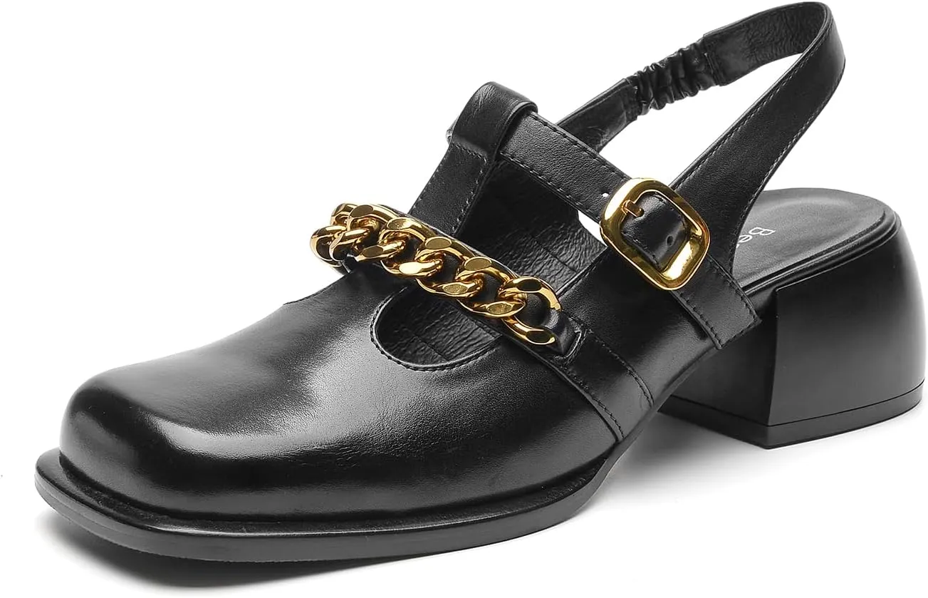 BEAU TODAY Heeled Sandals for Women, Leather Slingback Sandals, Chunky Block Square Toe Heels, Fashion Slip-on Casual Sandals, Dressy Closed Toe Shoes for Party