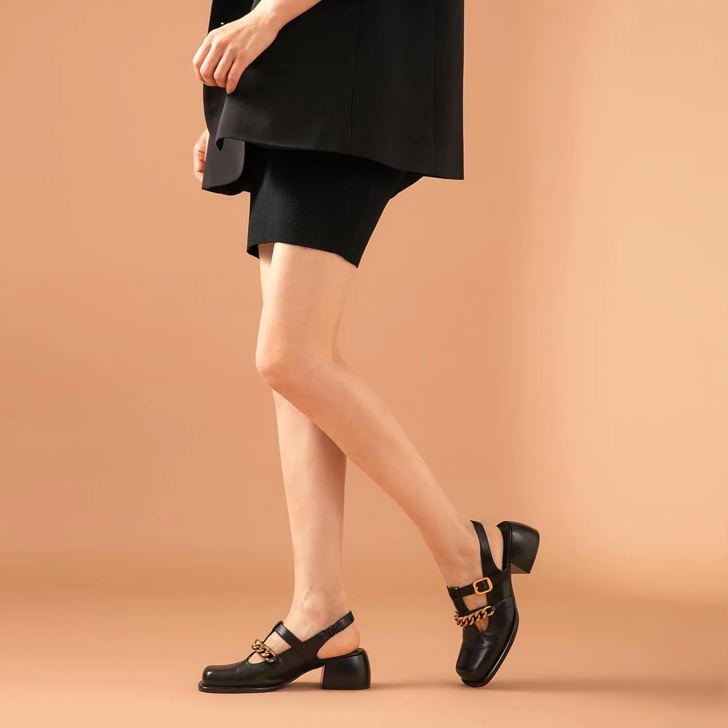 BEAU TODAY Heeled Sandals for Women, Leather Slingback Sandals, Chunky Block Square Toe Heels, Fashion Slip-on Casual Sandals, Dressy Closed Toe Shoes for Party