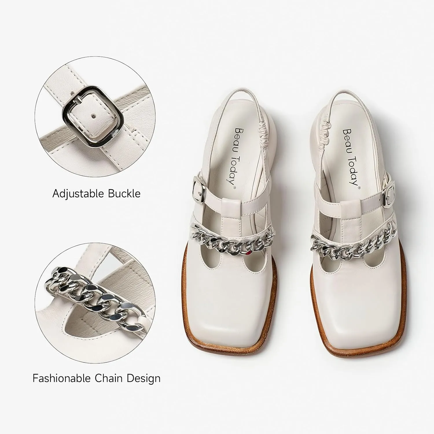 BEAU TODAY Heeled Sandals for Women, Leather Slingback Sandals, Chunky Block Square Toe Heels, Fashion Slip-on Casual Sandals, Dressy Closed Toe Shoes for Party