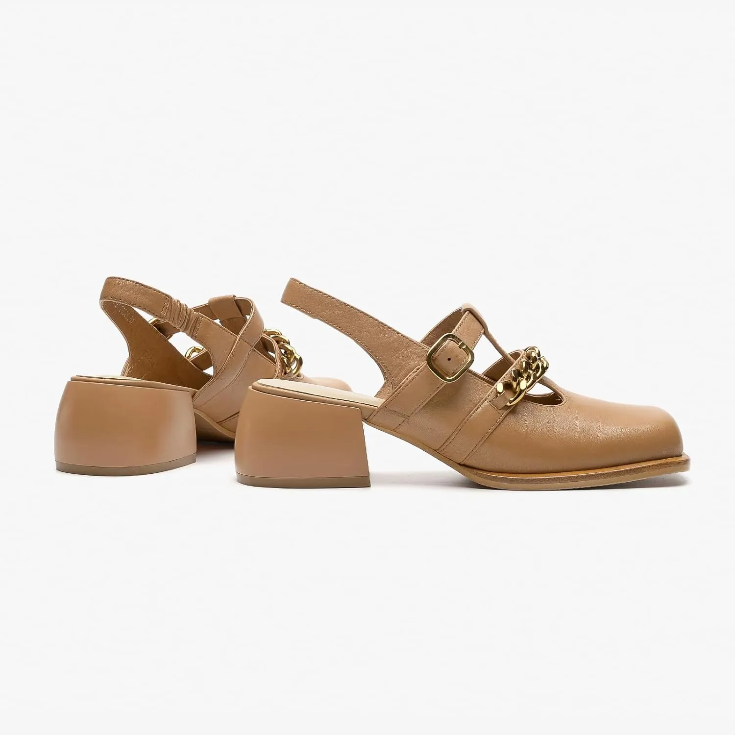 BEAU TODAY Heeled Sandals for Women, Leather Slingback Sandals, Chunky Block Square Toe Heels, Fashion Slip-on Casual Sandals, Dressy Closed Toe Shoes for Party