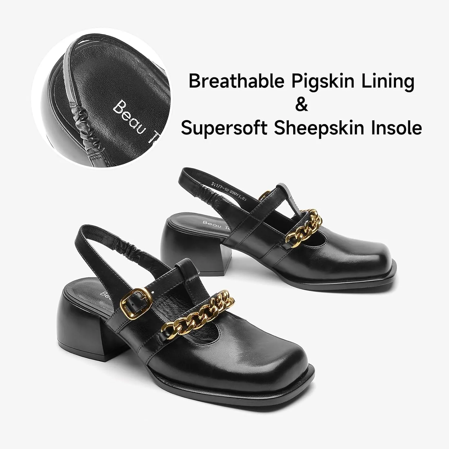 BEAU TODAY Heeled Sandals for Women, Leather Slingback Sandals, Chunky Block Square Toe Heels, Fashion Slip-on Casual Sandals, Dressy Closed Toe Shoes for Party