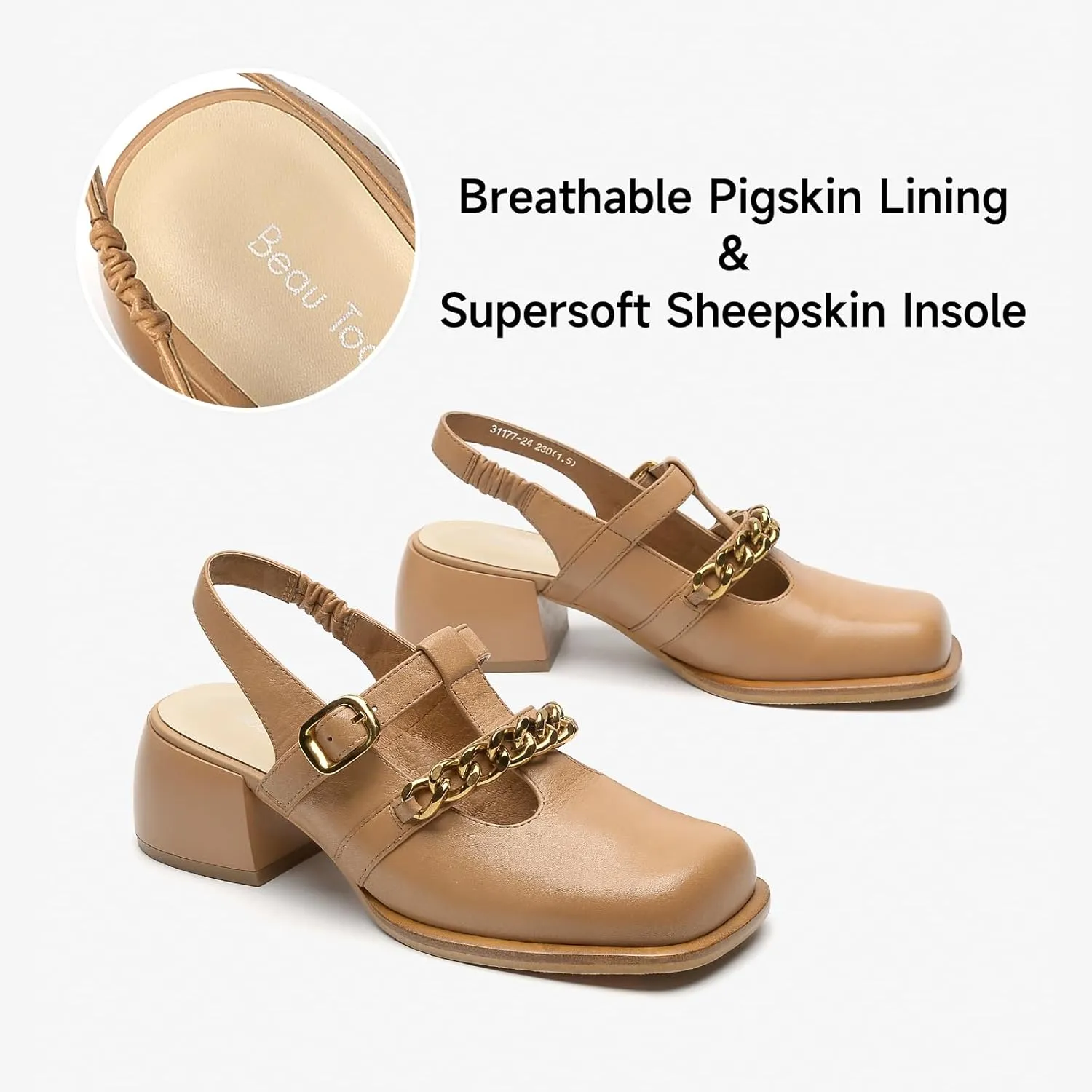 BEAU TODAY Heeled Sandals for Women, Leather Slingback Sandals, Chunky Block Square Toe Heels, Fashion Slip-on Casual Sandals, Dressy Closed Toe Shoes for Party