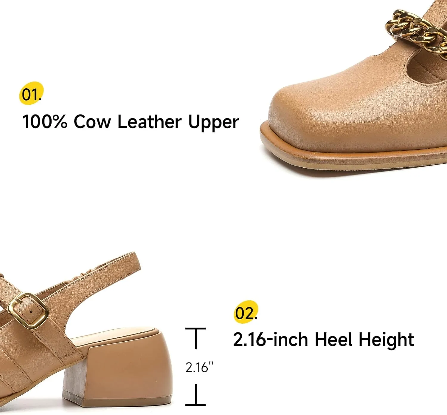 BEAU TODAY Heeled Sandals for Women, Leather Slingback Sandals, Chunky Block Square Toe Heels, Fashion Slip-on Casual Sandals, Dressy Closed Toe Shoes for Party