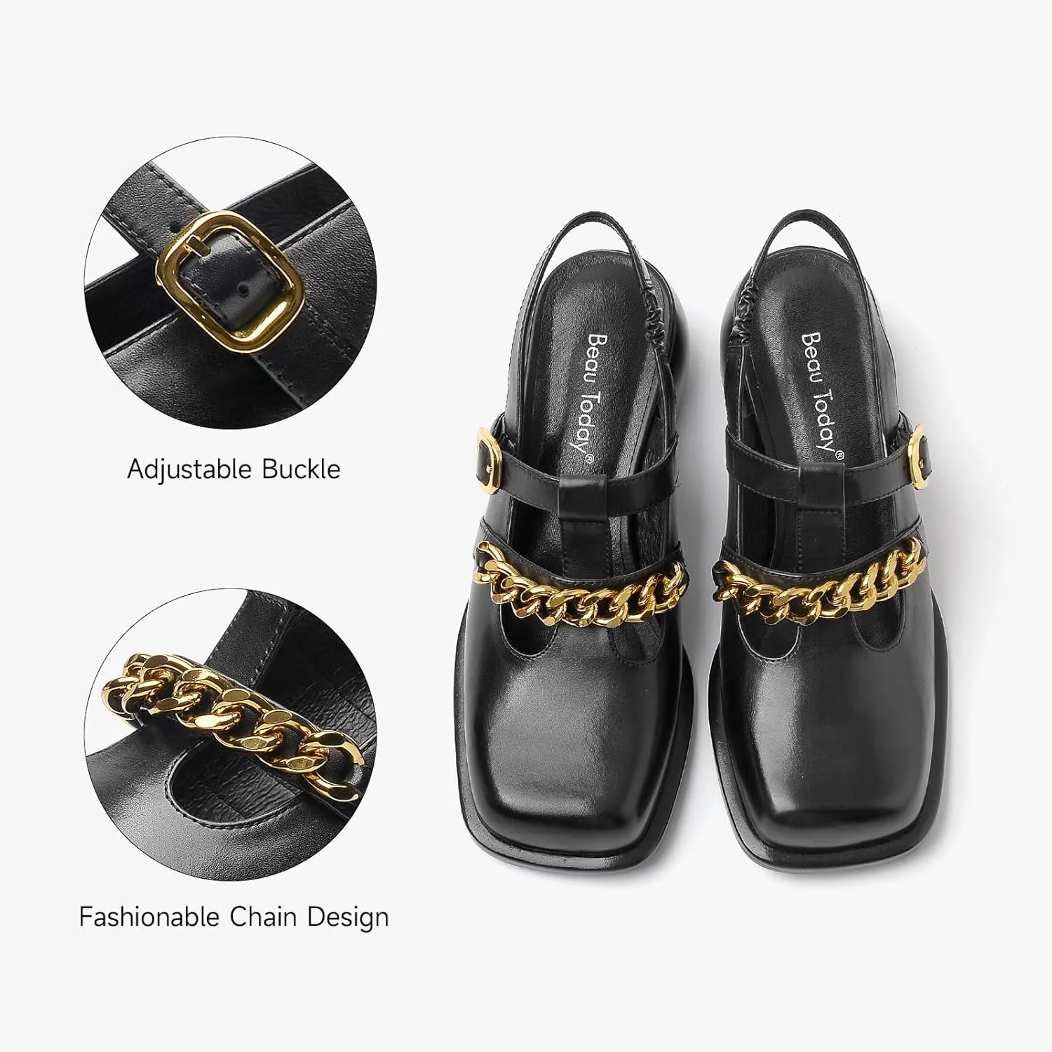 BEAU TODAY Heeled Sandals for Women, Leather Slingback Sandals, Chunky Block Square Toe Heels, Fashion Slip-on Casual Sandals, Dressy Closed Toe Shoes for Party