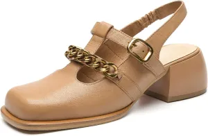 BEAU TODAY Heeled Sandals for Women, Leather Slingback Sandals, Chunky Block Square Toe Heels, Fashion Slip-on Casual Sandals, Dressy Closed Toe Shoes for Party