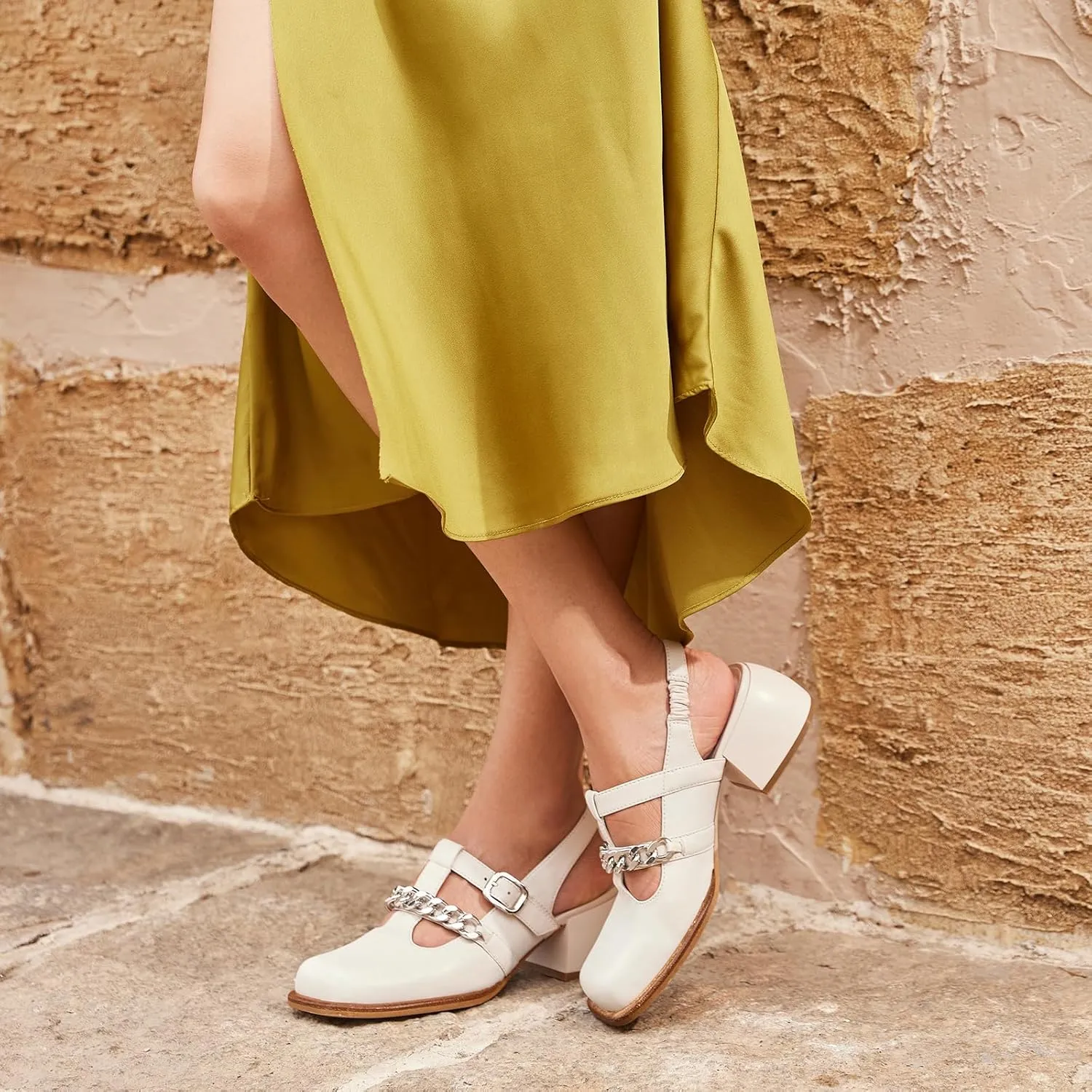 BEAU TODAY Heeled Sandals for Women, Leather Slingback Sandals, Chunky Block Square Toe Heels, Fashion Slip-on Casual Sandals, Dressy Closed Toe Shoes for Party