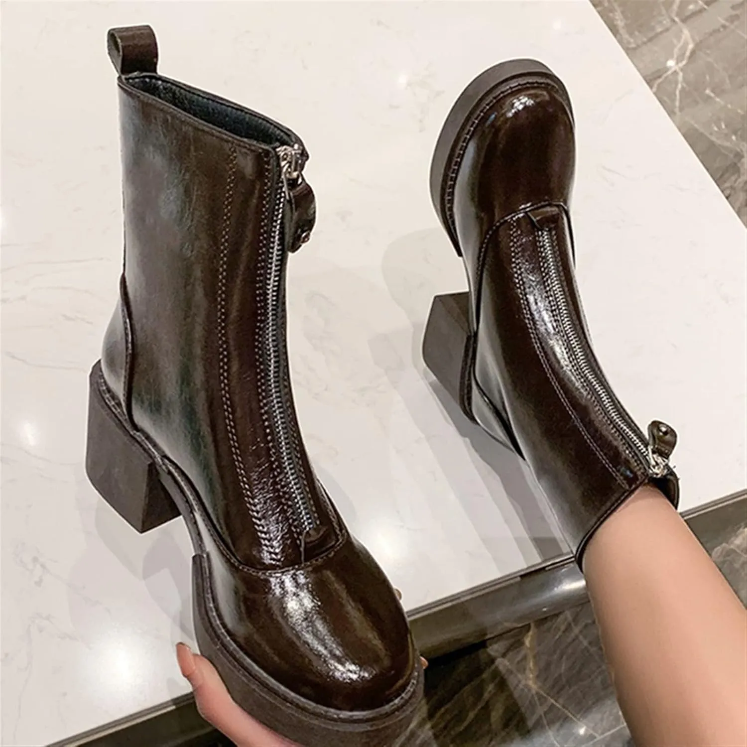 Boots For Women Women's High-heeled Shoes Boots Zipper Ankle Shoes Woman In Winter (Color : Brass, Size : 6.5)