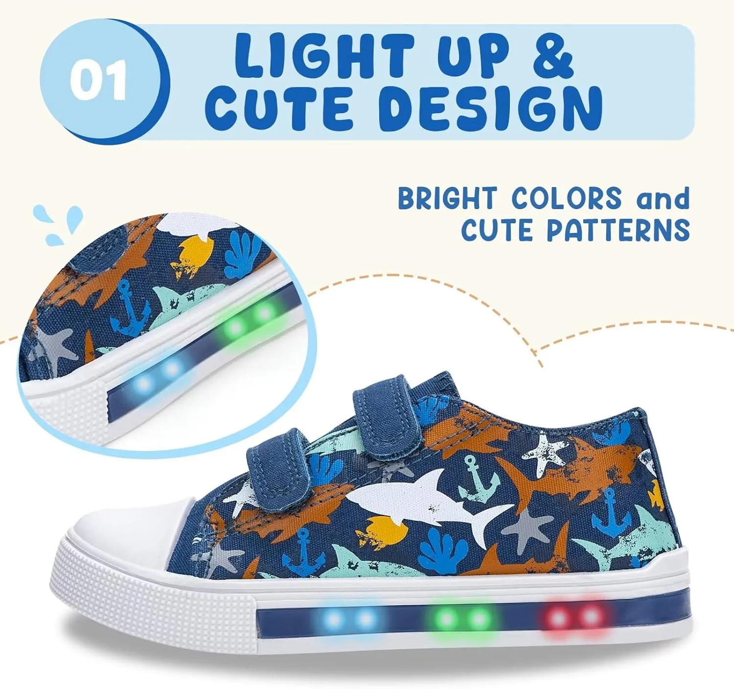 Boys Girls Sneakers Light Up Canvas Shoes for Toddler Kids Easy Fasten Fashion Shoes with Hook and Loops