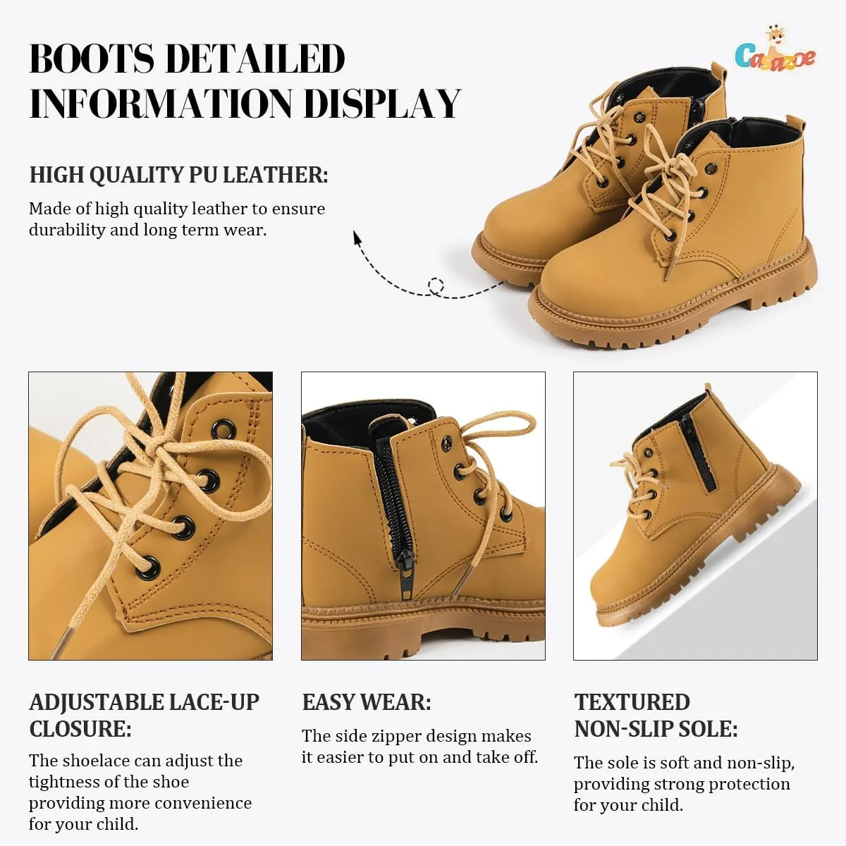 Casazoe Toddler Boys Girls Boots Little Kid Classic Work Boots Side Zipper Casual Walking Hiking Shoe High Top Lace Up Combat Ankle Shoes